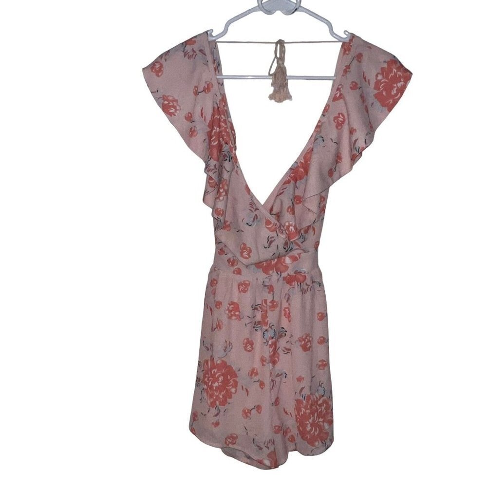 ANGEL BIBA OPEN BACK ORANGE FLORAL ROMPER RUFFLE V NECK TASSLE‎ BACK TIES SIZE 8